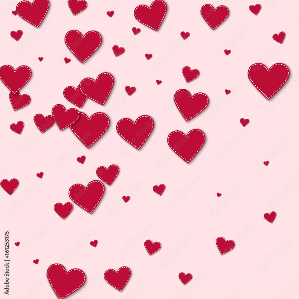 Red stitched paper hearts. Abstract scatter on light pink background. Vector illustration.