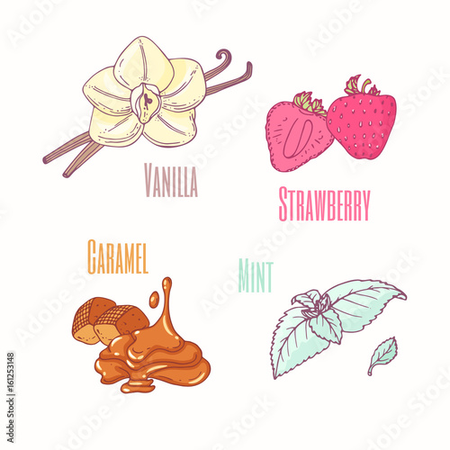 Set of sweet toppings - vanilla, strawberry, caramel and mint. Hand drawn food