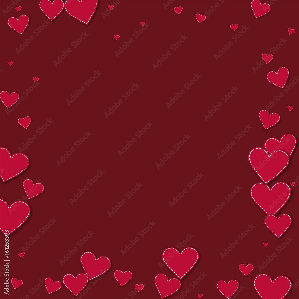 Red stitched paper hearts. Chaotic border on wine red background. Vector illustration.