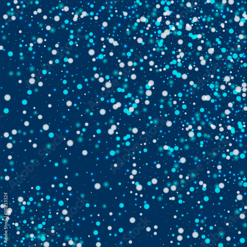 Beautiful falling snow. Random scatter with beautiful falling snow on deep blue background. Vector illustration.