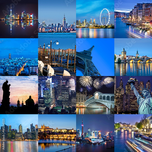 Photography Cities of the word at night, square photo collage, travel and tourism concept
