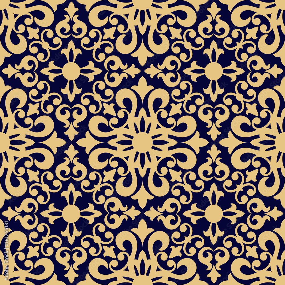 Seamless blue background with gold pattern in baroque style. Vector retro illustration. Ideal for printing on fabric or paper.