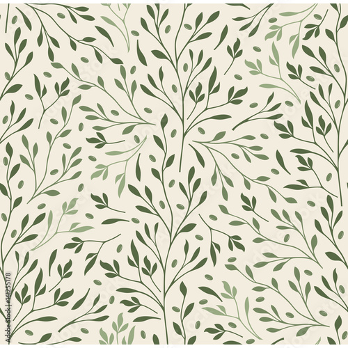 Seamless beige background with shades of green leaves. Ideal for printing on fabric or paper. Vector illustration.