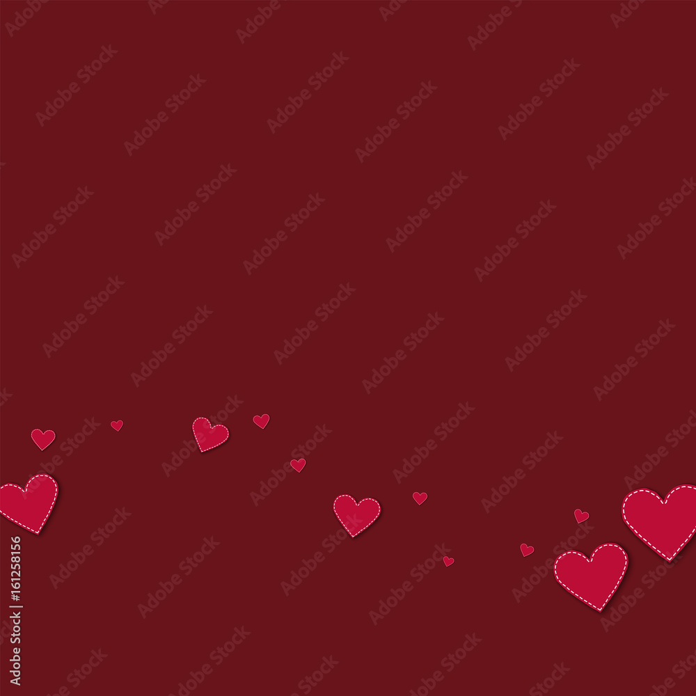 Red stitched paper hearts. Bottom wave on wine red background. Vector illustration.