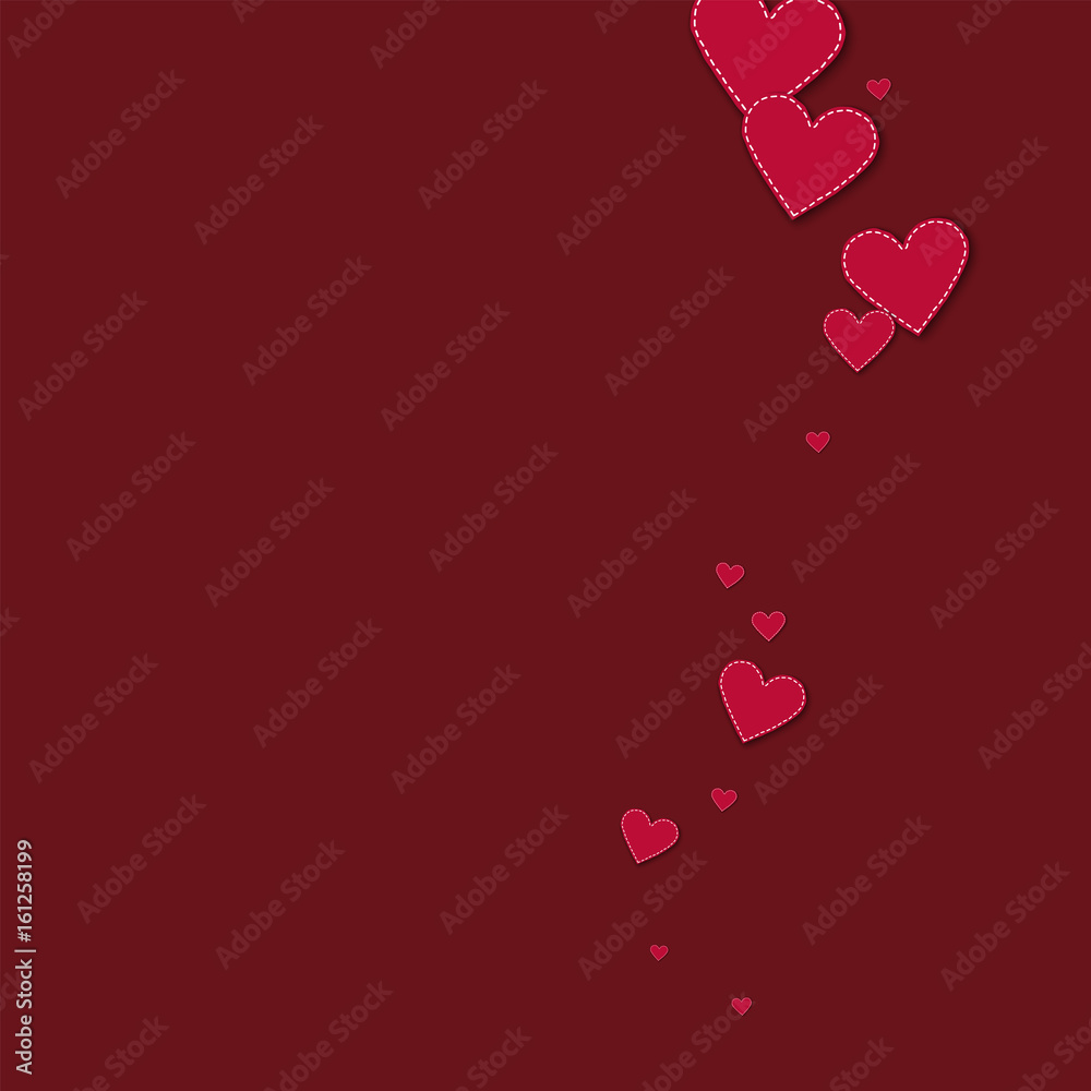 Red stitched paper hearts. Right wave on wine red background. Vector illustration.