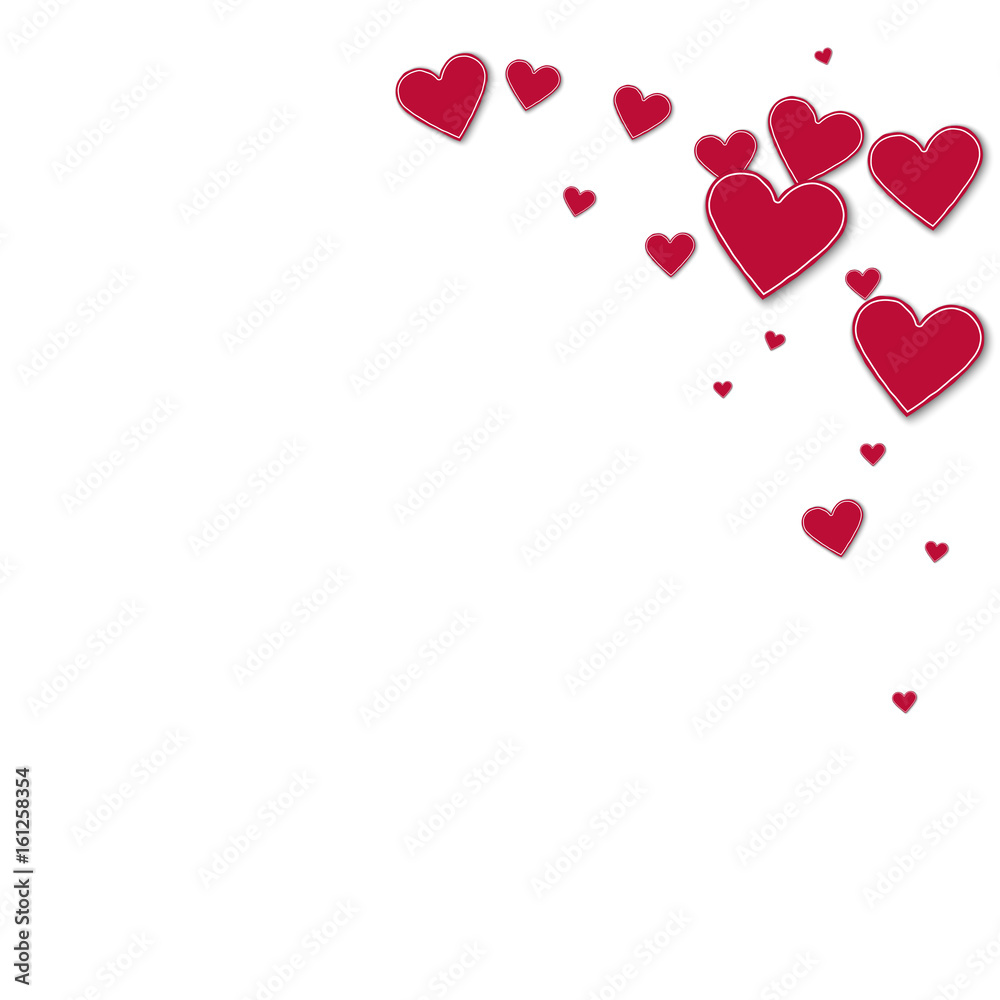 Cutout red paper hearts. Top right corner on white background. Vector illustration.
