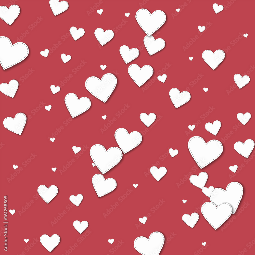 Cutout white paper hearts. Scatter vertical lines with cutout white paper hearts on crimson background. Vector illustration.