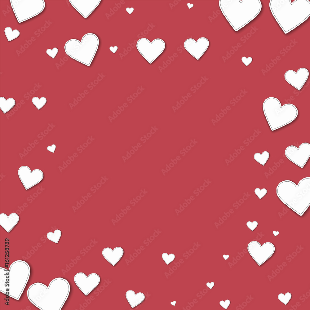 Cutout paper hearts. Square scattered frame on crimson background. Vector illustration.