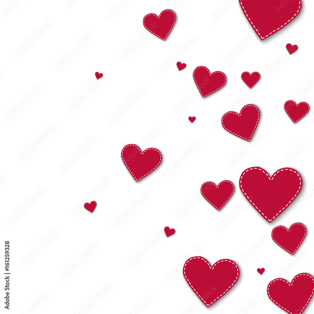 Red stitched paper hearts. Right gradient on white background. Vector illustration.