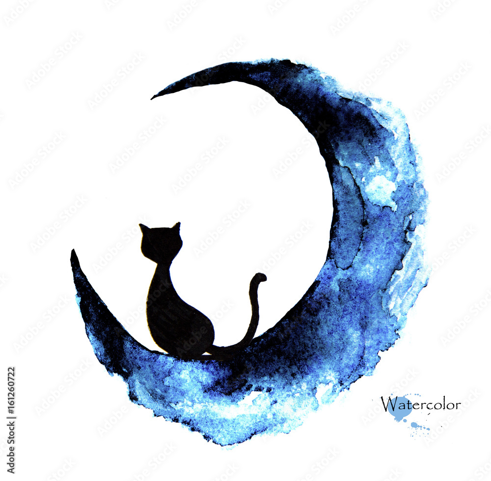 Hand drawn watercolor painting of black cat sitting on the moon Stock ...