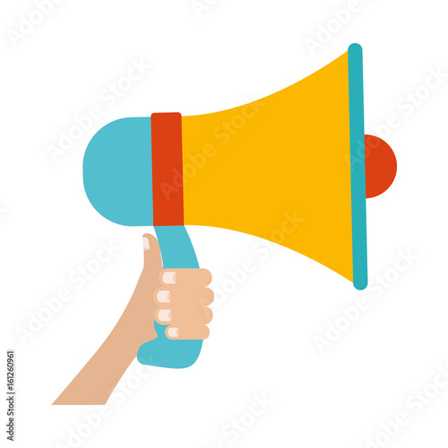 white background with colorful hand holding megaphone vector illustration