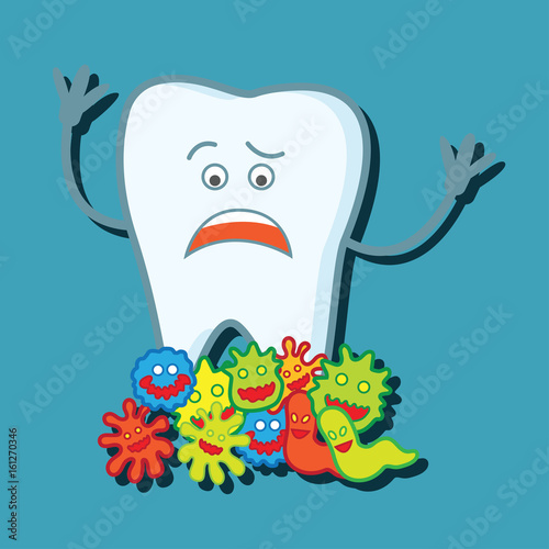 tooth bacteria and tooth for dentistry / stomatologist / dental clinic poster. flat vector illustration
