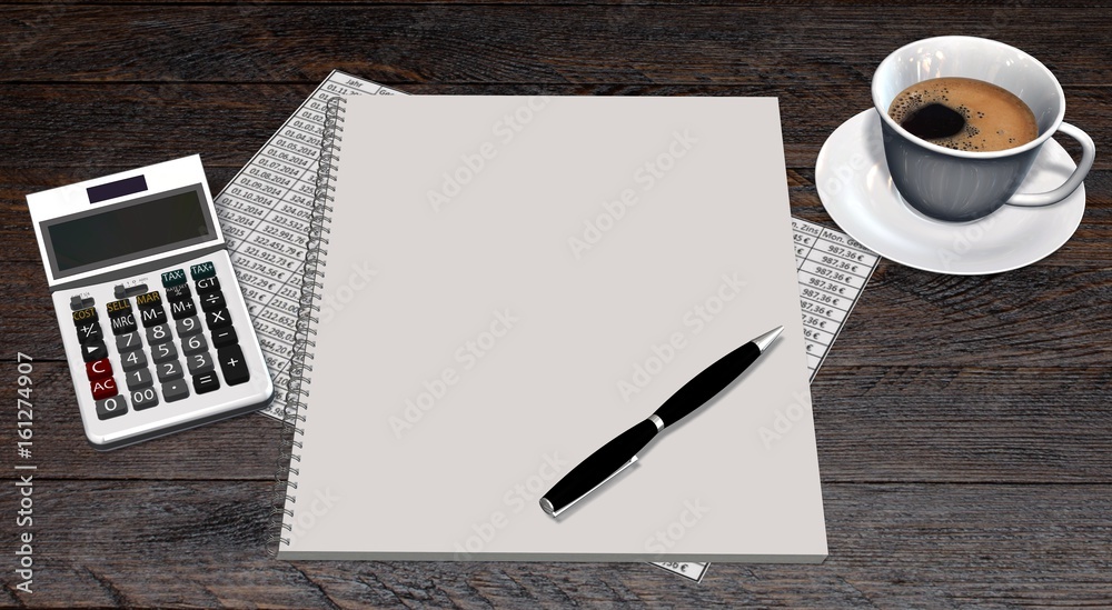 Financial concept - writing pad, pen, tables and a pocket calculator on a desk with a coffee cup Financial concept - writing pad, pen, tables and a pocket calculator on a desk with a coffee cup