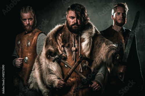 Schilderij op canvas Vikings with their konung in a traditional warrior clothes.