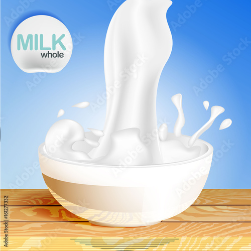 Milk packaging design with dispensing milk on a blue background.