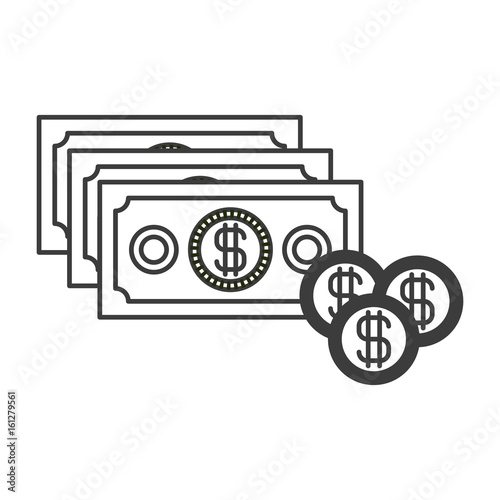 monochrome silhouette with money bills and coins set vector illustration