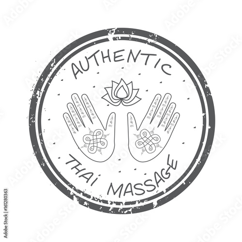 Stamp Authentic Thai massage.  Hands with a Thai pattern. Stock vector. Flat design.