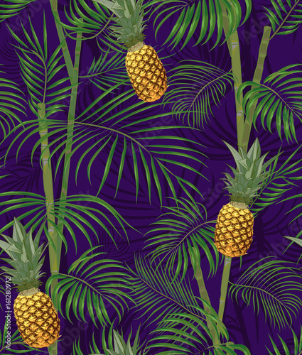 Tropical seamless pattern with pineapples, exotic palm leaves on dark background.