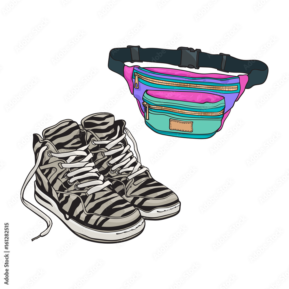 Personal items from 90s - zebra sneakers and colorful waist bag, sketch  vector illustration isolated on white background. Fashion of the nineties,  90s - high sneakers, sport shoes, colorful waist bag Stock