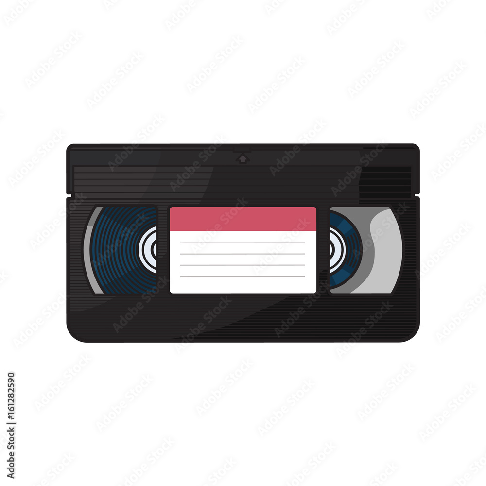 Video cassette, VHS videotape from 90s, sketch vector illustration isolated  on white background. Front view of hand drawn video tape, videocassette, VHS  with empty label sticker, retro object from 90s Stock Vector