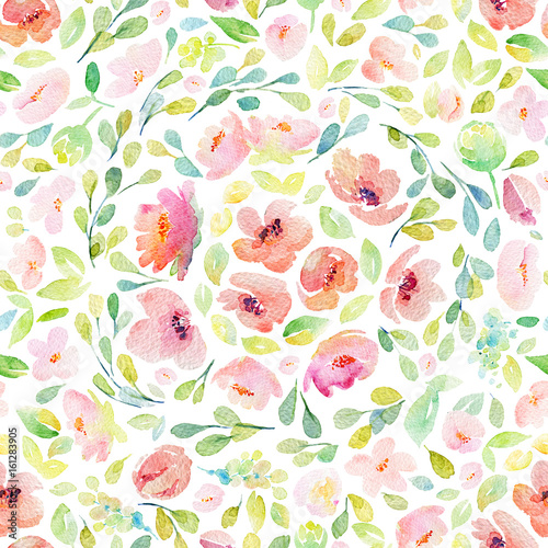 Seamless pattern with pink flowers and leaves.