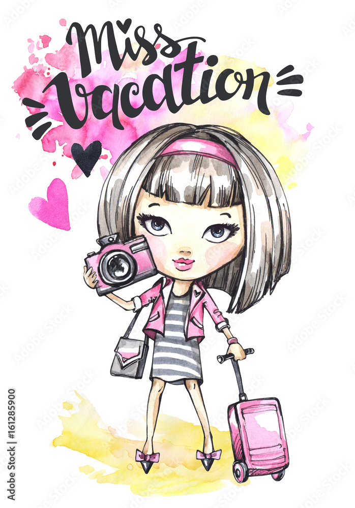 Obraz premium Watercolor card cute girl with camera and travel bag. Calligraphy words Miss Vacation.