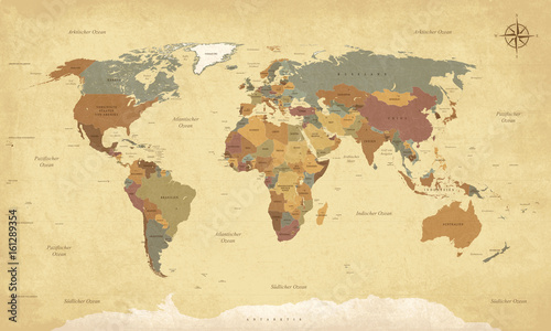 Fototapeta Mapa świata w języku niemieckim - Vintage retro style - Vectorized tekst piosenki: kraje, stolice, wyspy, morza ...
