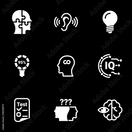 Set of simple icons on a theme Intellect, research, mind, brain, person, vector, set. White icons isolated against black background