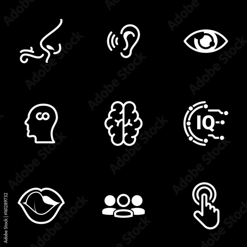 Set of simple icons on a theme Sense organs, man, mind, processing, perception, intellect , vector, set. White icons isolated against black background