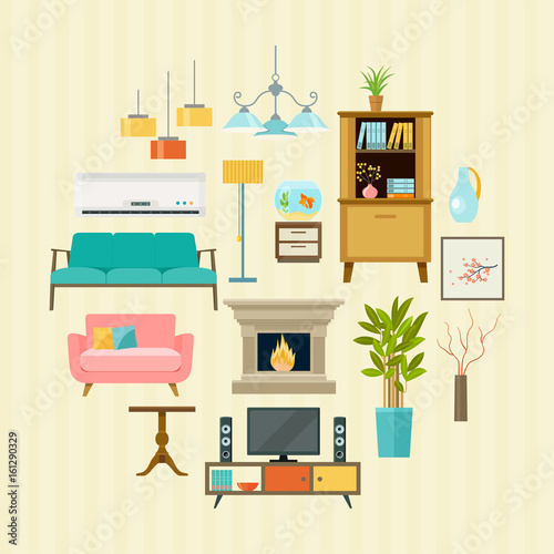 Big detailed Interior set. Cozy living room. Flat vector illustration.