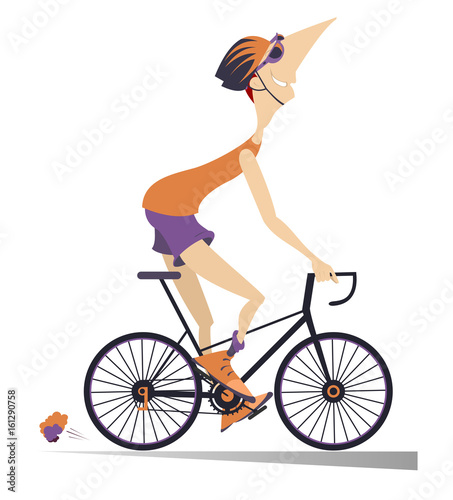 Cartoon man rides a bike isolated. Smiling man in helmet rides a bike and looks healthy and happy