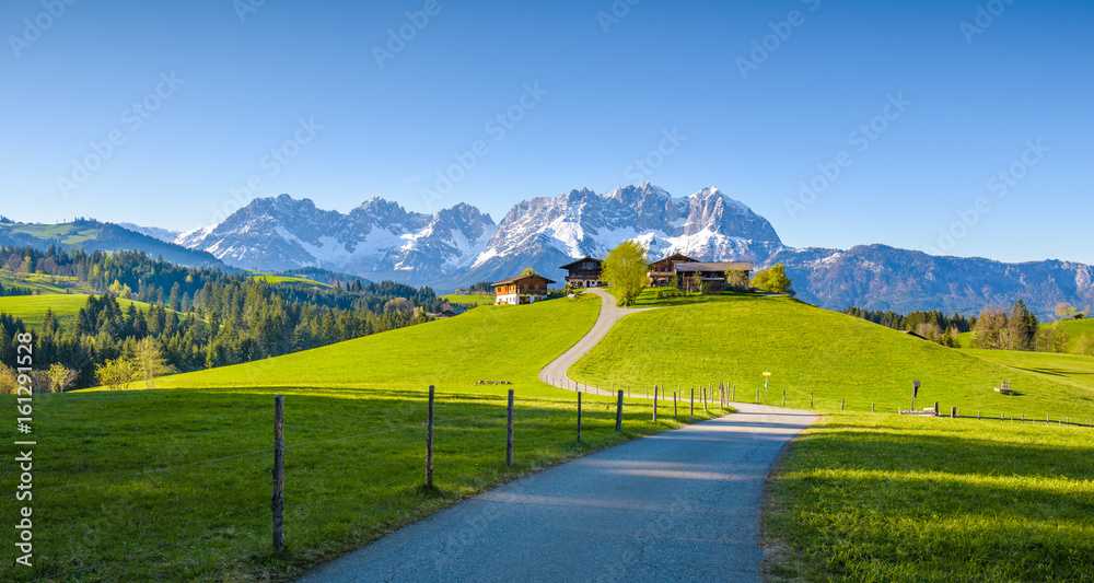 Idyllic alpine scenery, farmhouse in front of snowy mountains, Kitzbühel, Tyrol, Austria - obrazy, fototapety, plakaty 