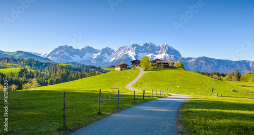 Idyllic alpine scenery, farmhouse in front of snowy mountains, Kitzbühel, Tyrol, Austria