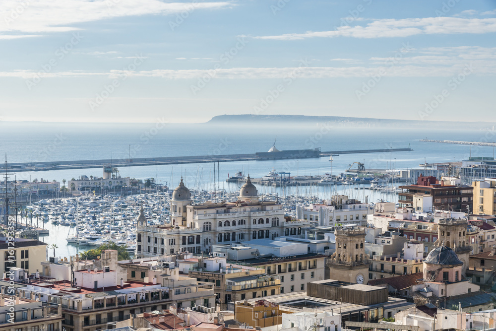 View of Alicante with yacht marine port from Santa Barbara castle, Costa Blanca, Spain