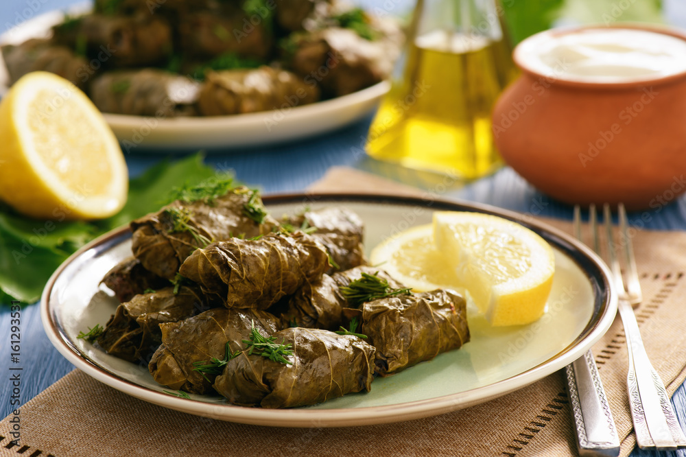 Dolma - stuffed grapes leaves, traditional mediterranean dish. Dolma - stuffed grapes leaves, traditional mediterranean dish.