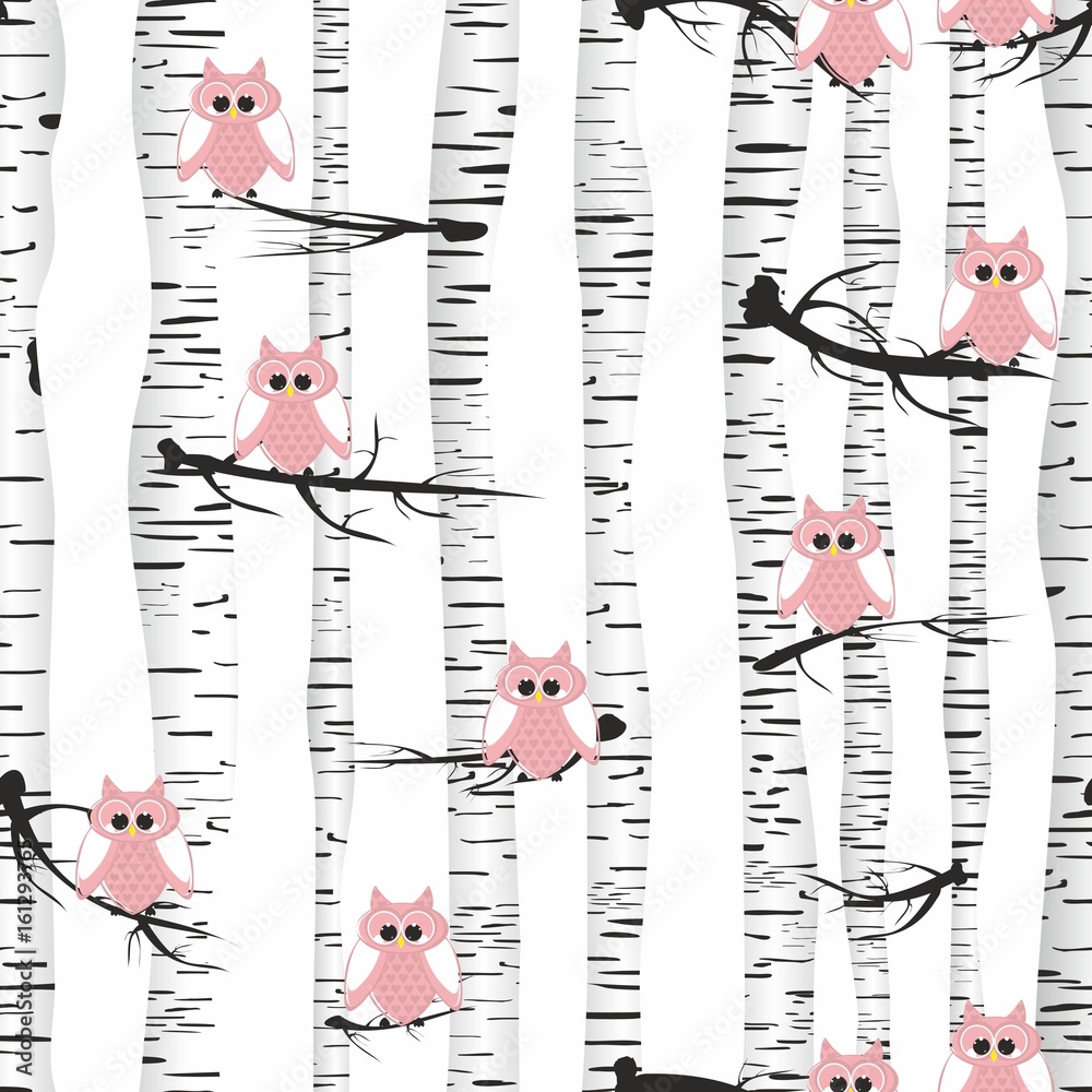 Seamless vector pattern in owls and birch