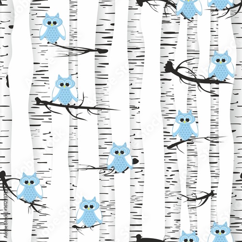 Seamless vector pattern in owls and birch