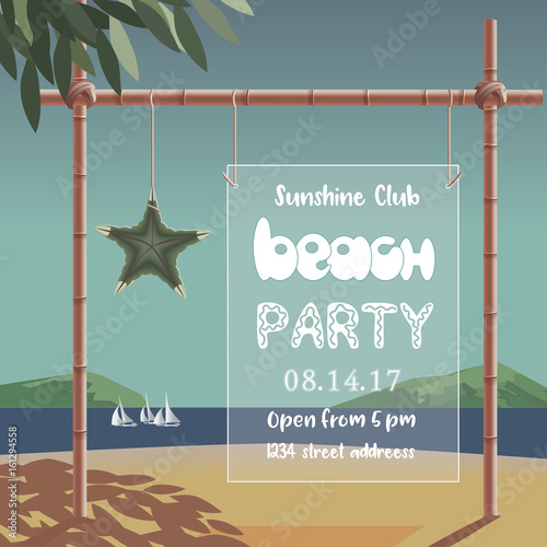 Summer time concept. Hand drawn retro poster style. Fancy letters headline. Design for beach party invitation template. Sea vacation season of fun and rest. Vector summer holiday vintage background