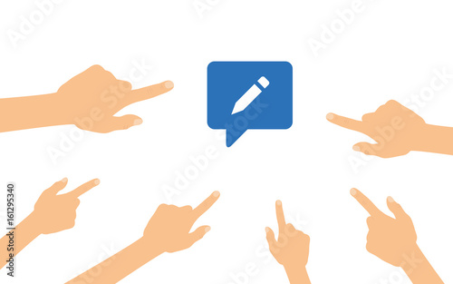 Hände zeigen auf - Sprechblase mit Stift - Kommentar