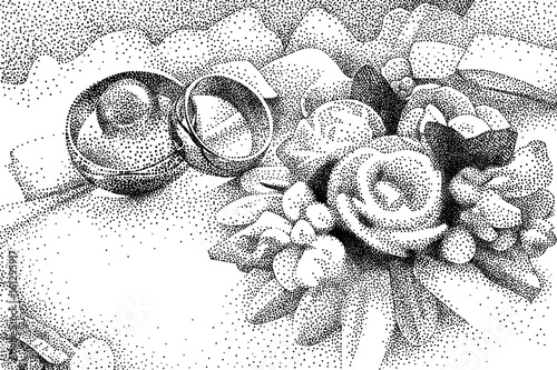 Vector illustration with wedding rings on pillow.. Wedding symbols, attributes. Graphic drawing, pointillism technique. Black and White
