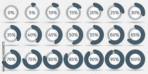 Set of 3d circle percentage diagrams for infographics, 0 5 10 15 20 25 30 35 40 45 50 55 60 65 70 75 80 85 90 95 100 percent. Vector illustration.