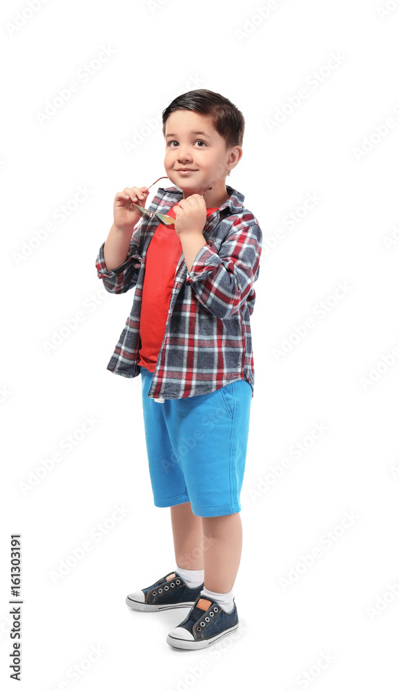 Cute little boy with sunglasses on white background Cute little boy with sunglasses on white background