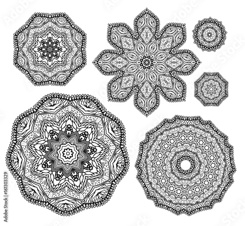Linear carelessly drawn by hand a vector sketch ornamental mandala set. Abstract monochrome line art backdrop template collection. Black Florist decorative design element. Beauty illustration