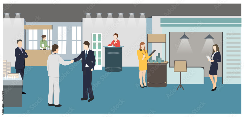 People at the exhibition business flat style vector illustration. Holding events. Presentation of business ideas in the gallery. Visitors of exhibition.
