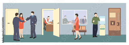 People in hall. Office life. Flat style vector illustration. Situation in office. Meeting in hall. Business characters. 