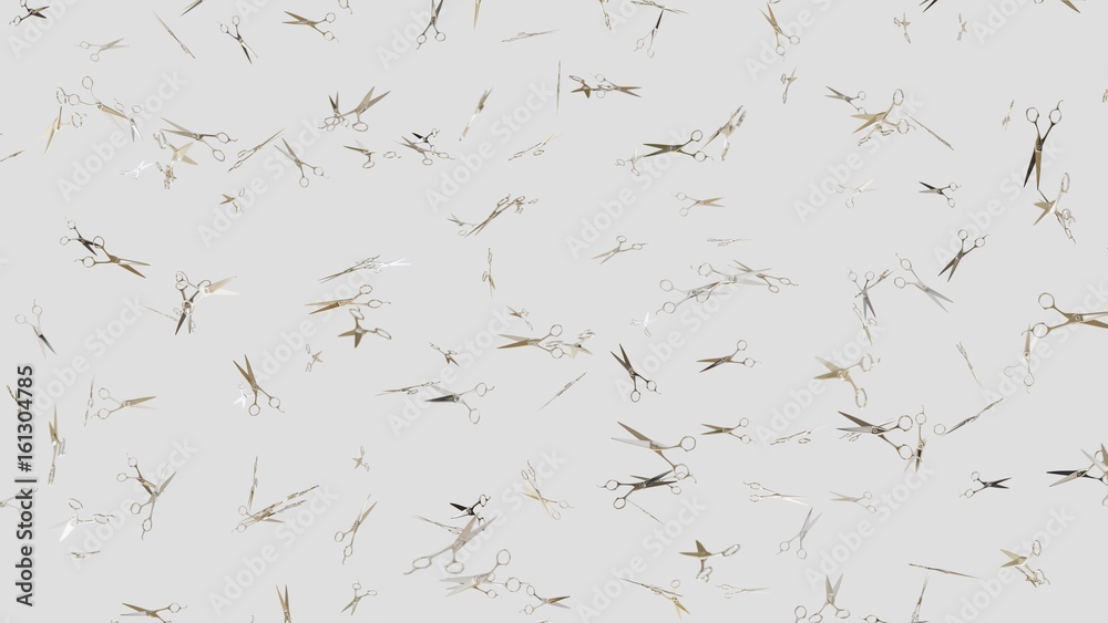 Fototapeta premium Numerous Barber's Scissors floating on a clean white background