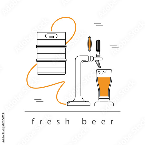 Beer tap, a glass of beer, beer in kegs. Design element. Modern linear style. Vector  illustration.