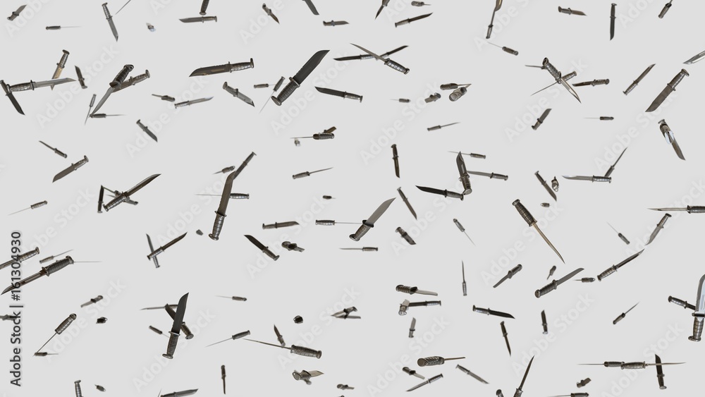 Numerous Plastic Toy Hunting Knives floating on a clean white background
