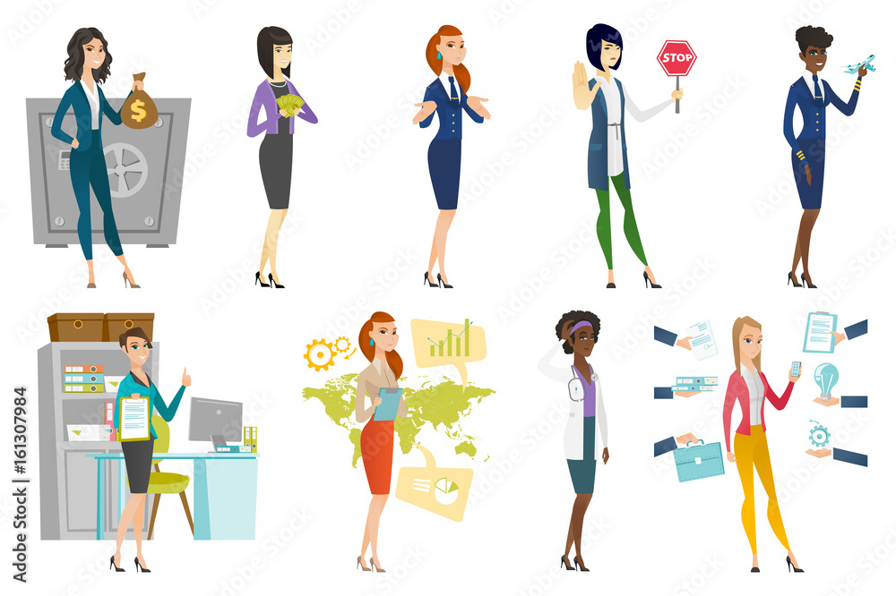 Business woman, stewardess, doctor profession set.