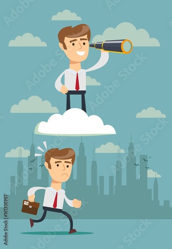 successful businessman with telescope on cloud . Business Vision Concept.
